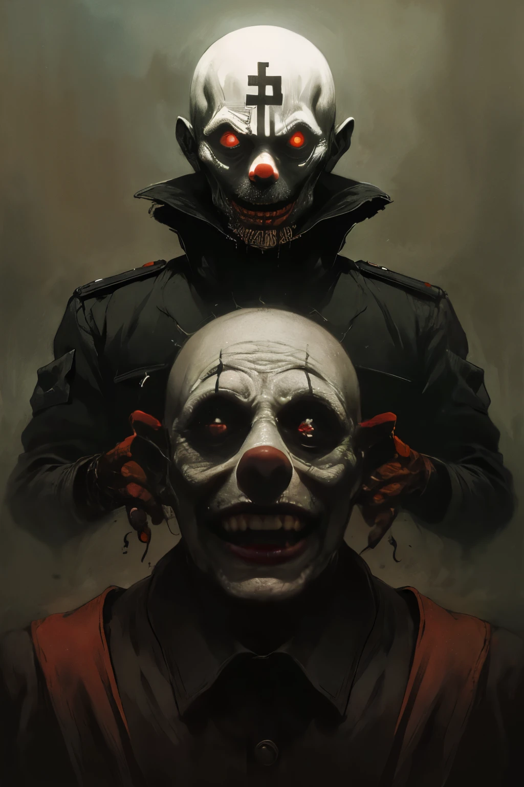 peinture d&#39;un clown,  officier SS, dystopique, Effrayant, cauchemar, inquiétant, Effrayant, sombre, pourri, par Zdzislaw Beksinski