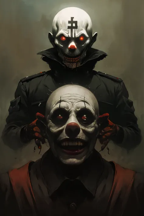 painting of a clown, Nazi SS officer, dystopian, creepy, nightmare, disturbing, creepy, gloomy, rotten, by zdzislaw beksinski