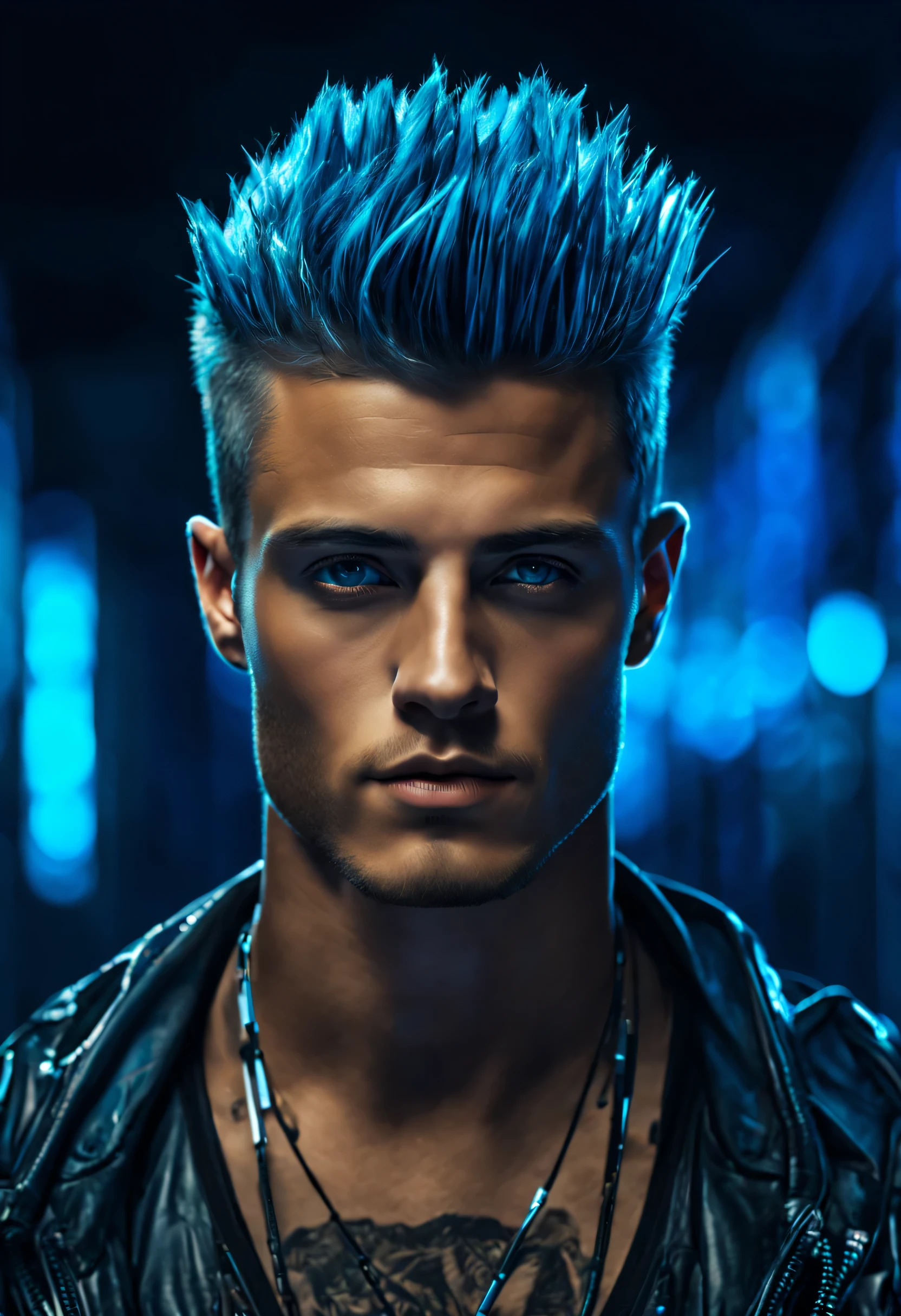 An ultra-detailed digitally enhanced photograph in 4k resolution with a high-tech background. The main subject of the photo is a handsome young male with metallic blue fauxhawk, futuristic scene illuminated by vibrant neon glow. The image showcases sharp focus and vivid colors, conveying a cyberpunk aesthetic. The overall composition is enhanced by the use of ultra-detailed elements and a digital art style.