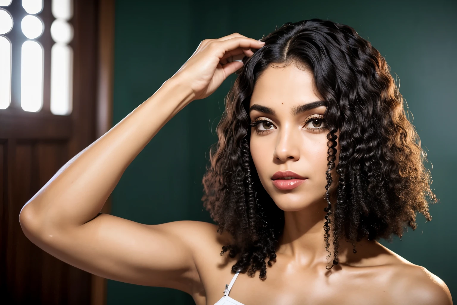 A close up of a woman with curly hair and a white top - SeaArt AI