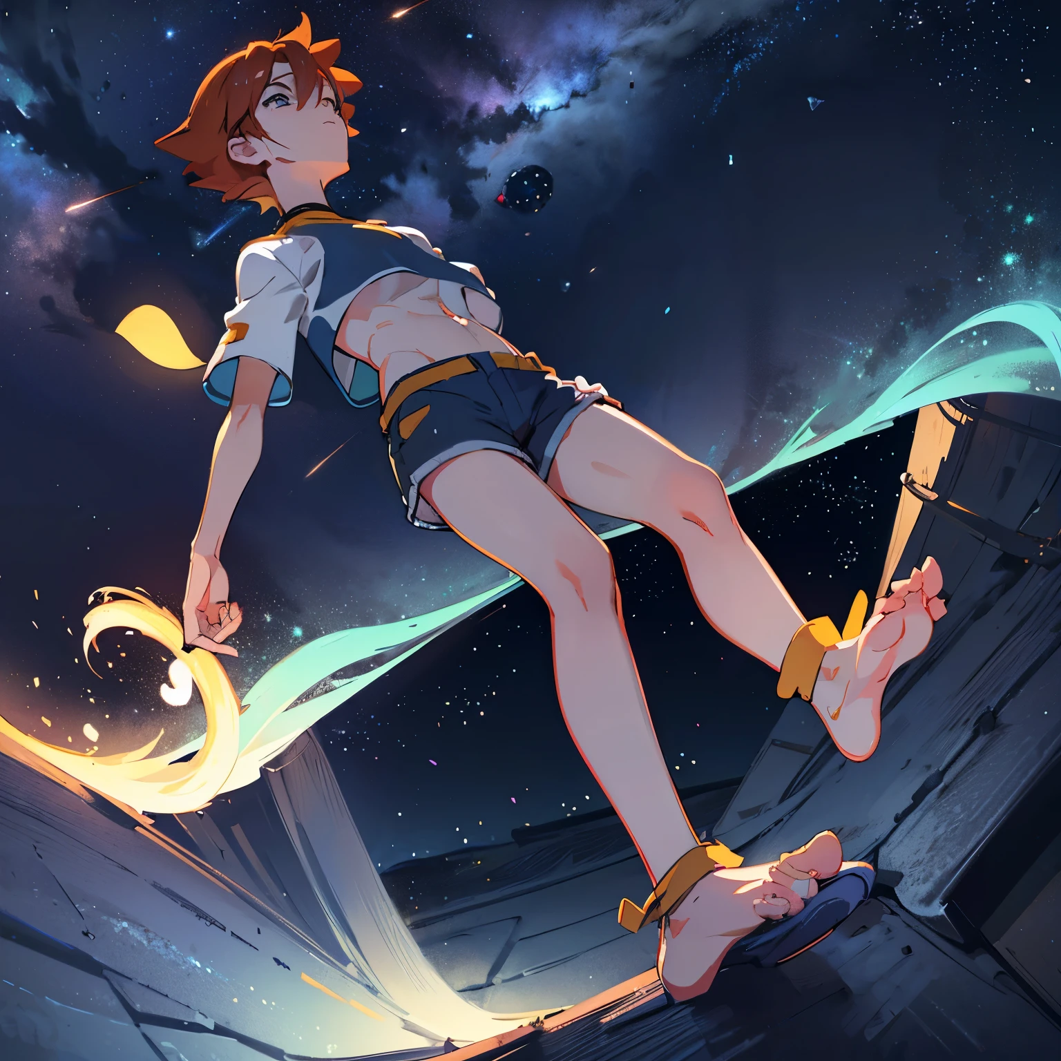 Chris 10;- 12 years standing on roof of home and look up at night sky, Chris wear crop top and short shorts, he's wear crop top, he is barefoot,