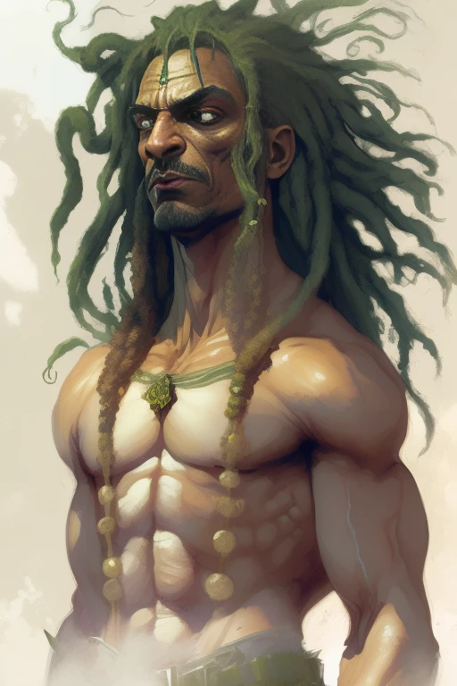 um close de um homem com dreads e uma camisa verde, inspired Direction: Ryan Barger, Direction: Ryan Barger, Medusa masculina, arte de fantasia de tyler edlin, Djinn Human Hybrid, Snoop Dogg as a barbarian, um homem negro com longos cabelos cacheados, muscular character, personagem de fantasia complexo, Greg Manchess, Mark Brooks Frank Frazetta, Franz Frazetta