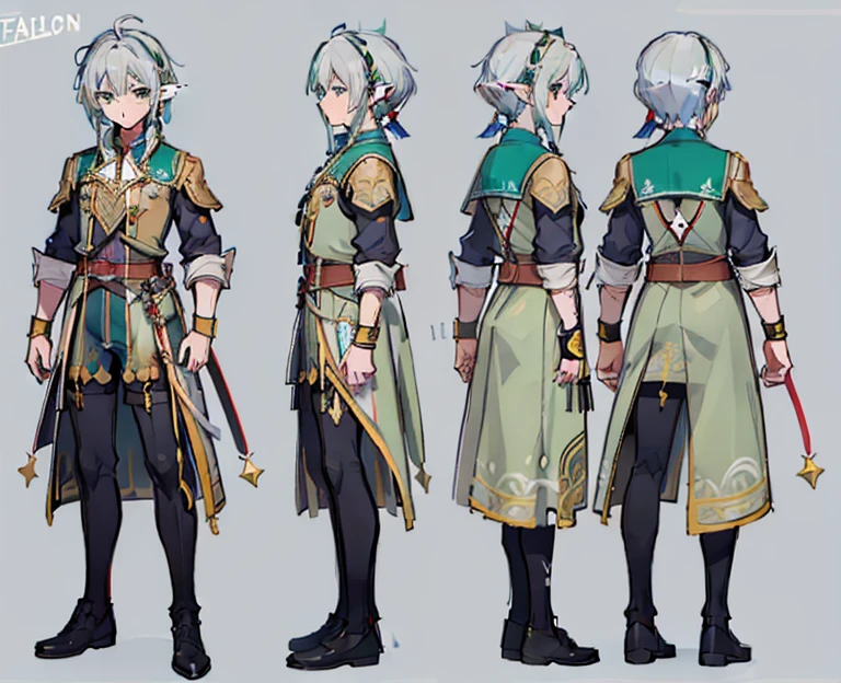 1male, reference sheet, matching outfit, (fantasy character design, front angles, side angles, rear angles) Lyrion, charming, persuasive, wise. elf of average height, long silver hair cascading to his shoulders, pointy ears. Emerald green eyes with a mischievous glint, slender build, adorned in colorful garments befitting a wandering bard.