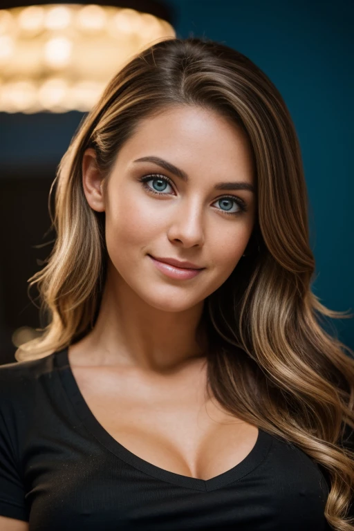 Hermosa morena con reflejos rubios vistiendo una camiseta negra (En una habitación ), muy detallado, 22 años, , , cara inocente, cabello ondulado natural, blue eyes, Alta resolución, obra maestra, mejor calidad, Alto detalle intrincado, muy detallado, enfoque nítido, piel detallada, realistic skin textura, textura, ojos detallados, Profesional, 4k, Sonrisa encantandora, disparado en Canon, 85mm, poca profundidad de campo, color de visión kodak, cuerpo en forma perfecta , extremadamente detallado, fotografía_\(ultra\), Fotorrealista, Realista, Postprocesamiento, máximos detalles, aspereza, vida real, ultra realista, Photorealism, fotografía, 8k hd, fotografía, tetona