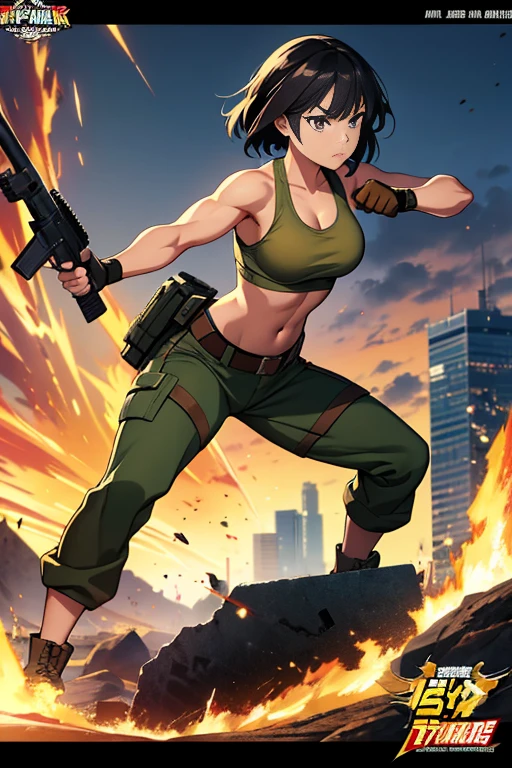 Full body, hq artwork, 24 year old, Filipino Woman, amber eyes, tan skin, short black hair, wearing marine corps uniform, athletic physique, strong muscles, military girl, soldier girl, infantry girl, camouflage uniform, torn tank top, belly button, gloves, torn military pants, small, cleavage, expression of determination, (holding rifle in both hands: 1.3), attack action, face close-up, action with impact, fighting on the battlefield, full body, background is ruined city, most strongest pose, female action anime girl, full body, striking manga artstyle, official art, official artwork, closeup view, badass pose, anime cover, wallpaper!, full art
