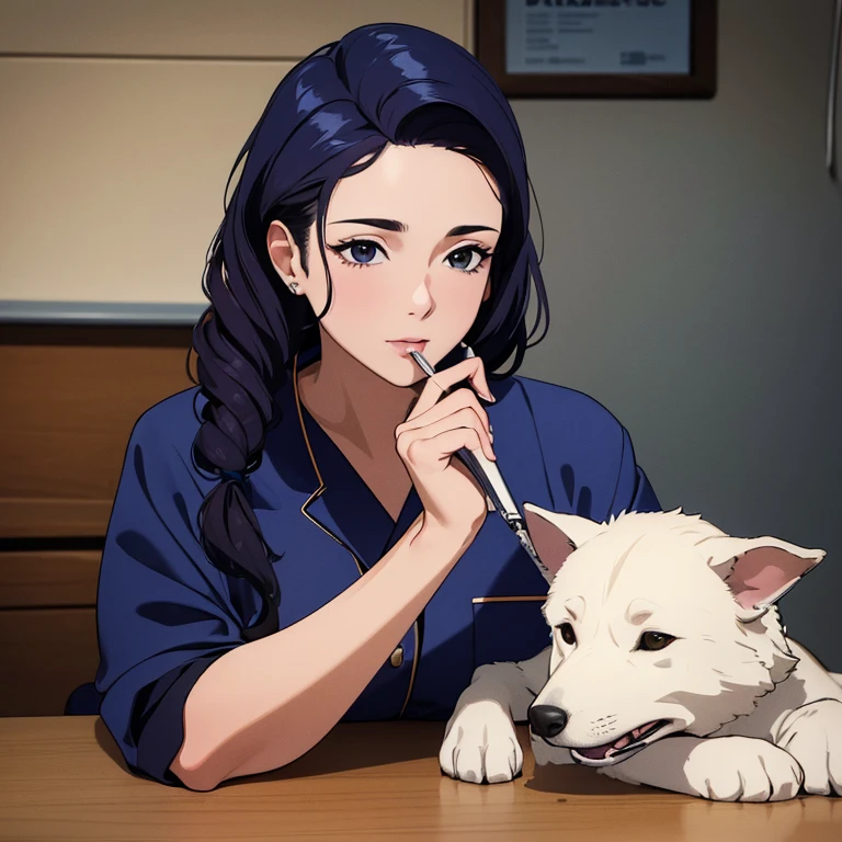 (best quality,4k,highres,masterpiece:1.2),ultra-detailed,realistic,portrait,woman with medium kinky hair wearing navy blue surgical pajamas at a veterinary clinic, attending a dog.