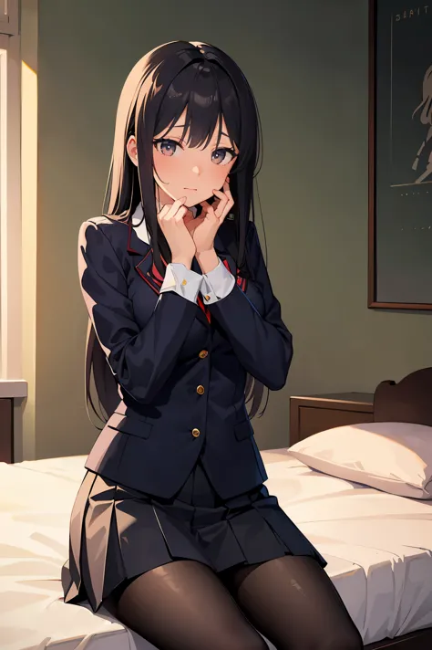 masterpiece:1.2, best quality, ((ultra detailed)), high resolution, 2d, anime style , photo, photography, detailed background, ((long hair,black hair,medium breasts)) BREAK cowboy shot,school uniform,pleated skirt,black pantyhose, embarrassed,shy,blushed,s...