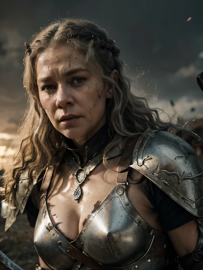 (masterpiece, highly detailed, ultra realistic, highest quality), portrait, closeup photo, older viking warrior queen in full battle gear, / helen mirren / older lady, 60 years old, silver curly hair, (hires textures) carrying a huge bloodied axe and shield, fierce, scars, blood spatter, battle damage, dynamic pose, fighting stance, battlefield background, in the midst of battle, nordic sunset, gritty, ultra realistic, bokeh, game of thrones, tolkien, fantasy art, incredible detail