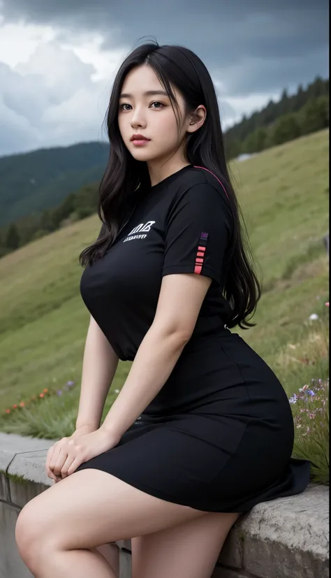 A beautiful beauty, long black hair, big eyes, round face, dress, tight purple skirt, sneakers , slightly fat, plump and sexy, delicate facial features, on the grassy hillside, black grass and words, dark sky and dark clouds, HD, high quality, the best pic...