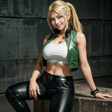 masterpiece、muste piece、ultra detail、official art、Ponytail Beauty、Blonde beauty、smile、full body shot、perfect style、big breasts、Green jacket、Wear a sleeveless shirt as an inner layer、wear tight-fitting leather pants、The background is along the road