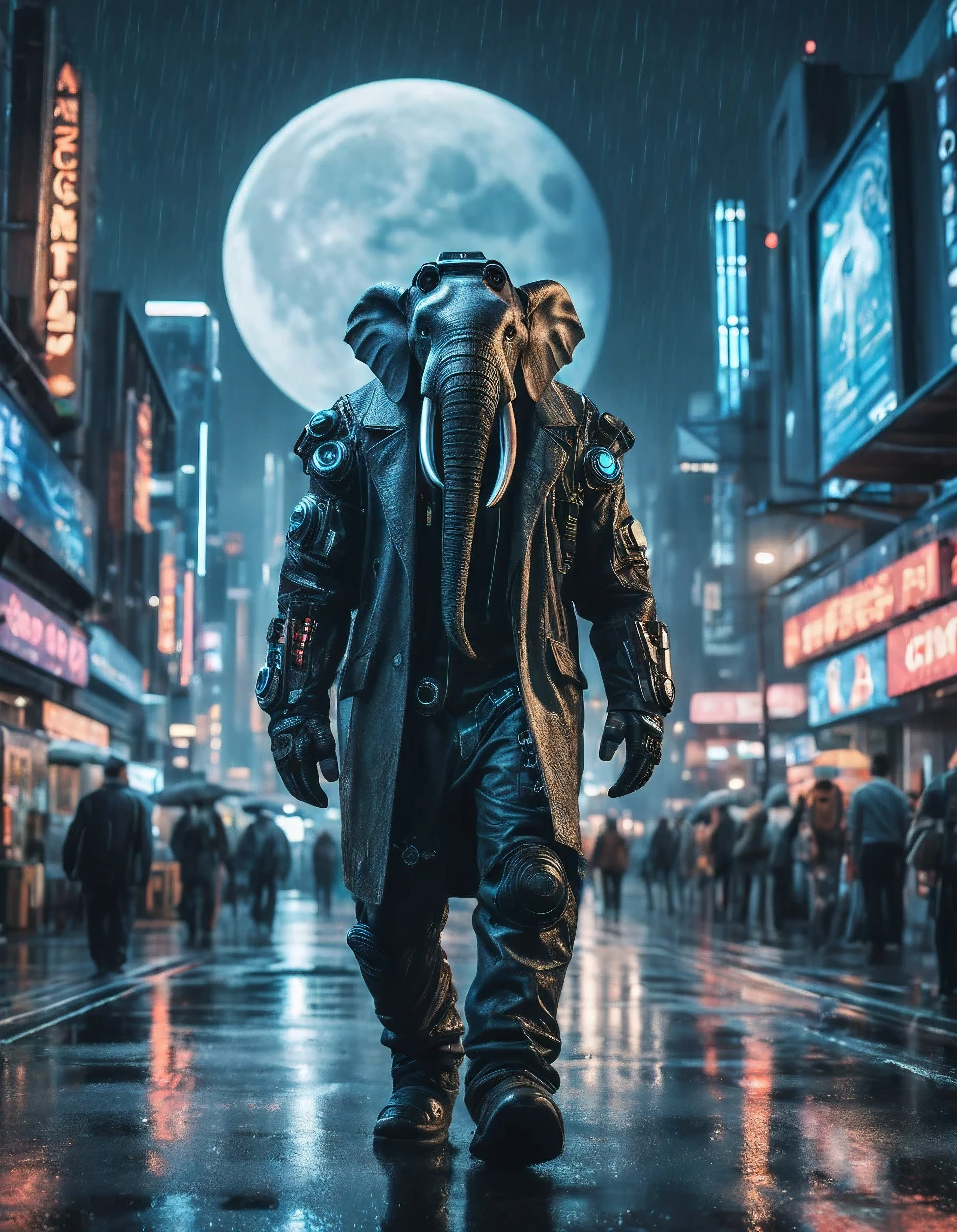 Hyperrealistic RAW analog photo of an anthro (mamoth:1.1) (man:0.9) dressed in cyberpunk, walking through future cyber city on a rainy night, full circular moon in sky, stars,|(sharp focus, hyper detailed, highly intricate, physically based unbiased rendering:1.10), natural lighting, Extremely high-resolution details, photographic, realism pushed to extreme, fine texture, incredibly lifelike, cinematic, 35mm film, 35mm photography, film, photo realism, DSLR, 8k uhd, hdr, ultra-detailed, high quality, [[skin]] high saturation