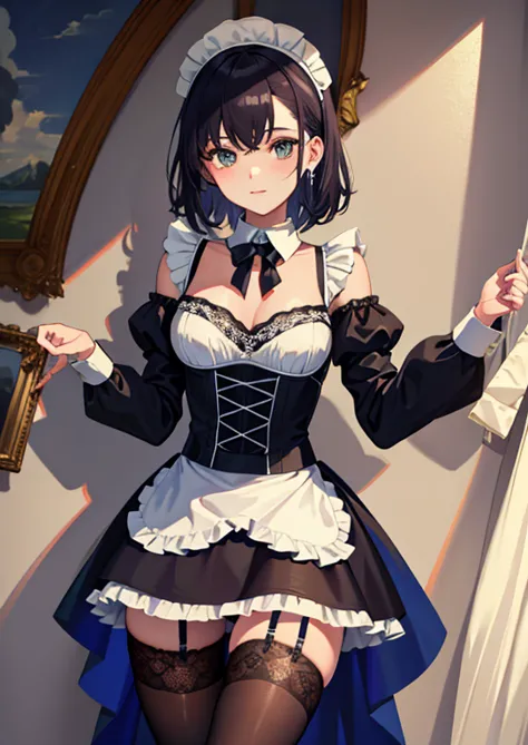 maid, (masterpiece, highest quality:1.1), sexy lingerie, stockings, garter belt