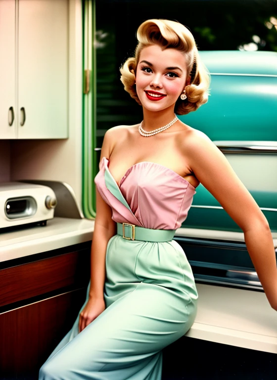 Portrait of a beautiful young housewife, smiling, nude, The picture is taken with an analog camera in the 1950s. People wearing traditional 50s style clothes, people having traditional 50s haircuts, Photo by William Eggleston, 50s look, highly detailed, slightly washed out pastel color, slightly blurred, slightly grainy, film photography