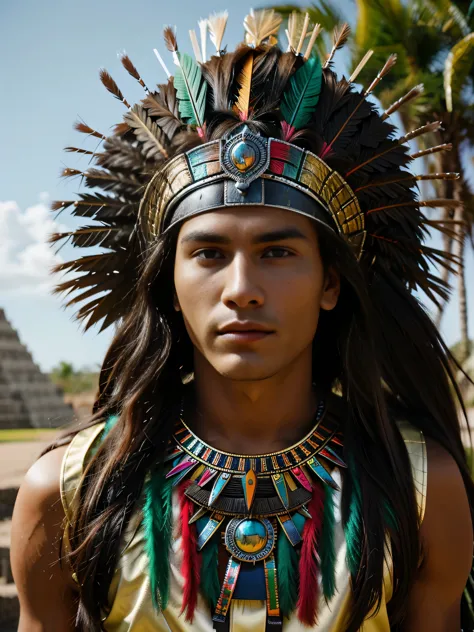 hyper realistic, portrait of a young man in a colorful feathered headdress and a helmet, an aztec warrior, aztec warrior, aztec ...