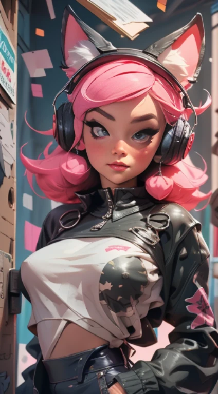 (Best quality), (masterpiece), (realistic) and ultra-Detailed photo of cute 1 nerdy girl in futuristic neon headphones with plastic fox ears on them, She has a (fluffy pink hair), is wearing an leather (unbuttoned) pink-Black racing jacket on a naked body, leather tight shorts,  and exudes a ((beautiful and aesthetic)) vibe, ((huge open erect tits)), (erect nippleslips) , open chest, open tummy, sexy body , detailed pupils and iris of eyes, long eyelashes, Embarrassed and lustful smile,ctmp