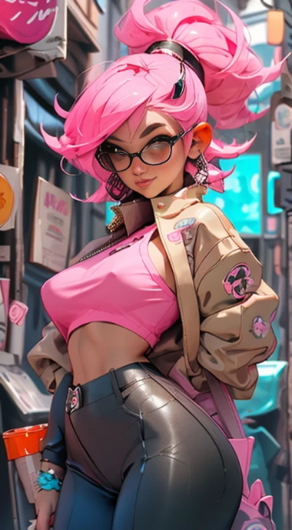 (Best quality), (masterpiece), (realistic) and ultra-Detailed photo of cute 1 nerdy girl in futuristic neon headphones with plastic fox ears on them, She has a (fluffy pink hair), is wearing an leather (unbuttoned) pink-Black racing jacket on a naked body, leather tight shorts,  and exudes a ((beautiful and aesthetic)) vibe, ((huge open erect tits)), (erect nippleslips) , open chest, open tummy, sexy body , detailed pupils and iris of eyes, long eyelashes, Embarrassed and lustful smile,ctmp