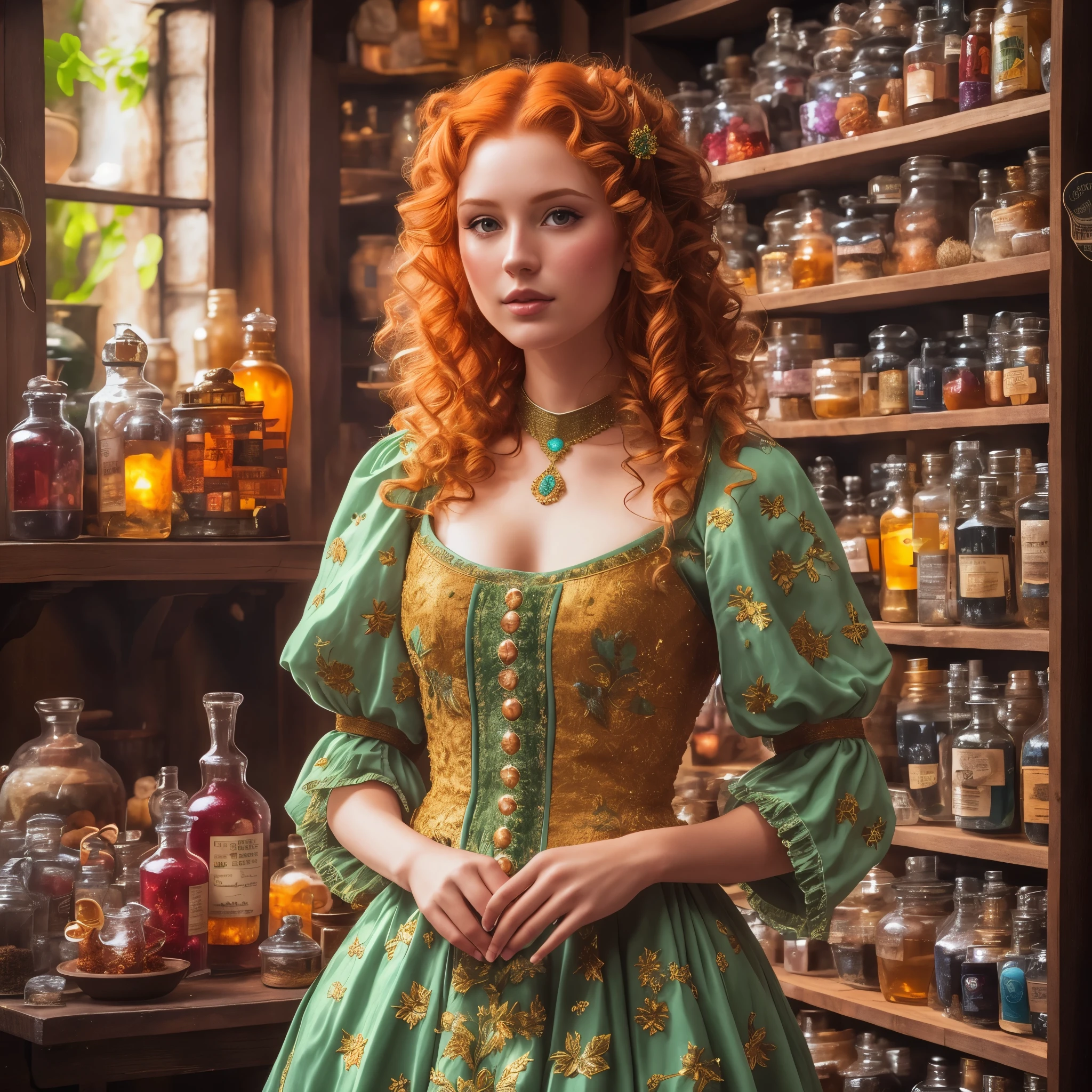 beautiful ginger women in detailed dress at cozy detailed potions shop, air above hair, IPA award wining, masterpiece, best lighting, best shadows, best reflections
