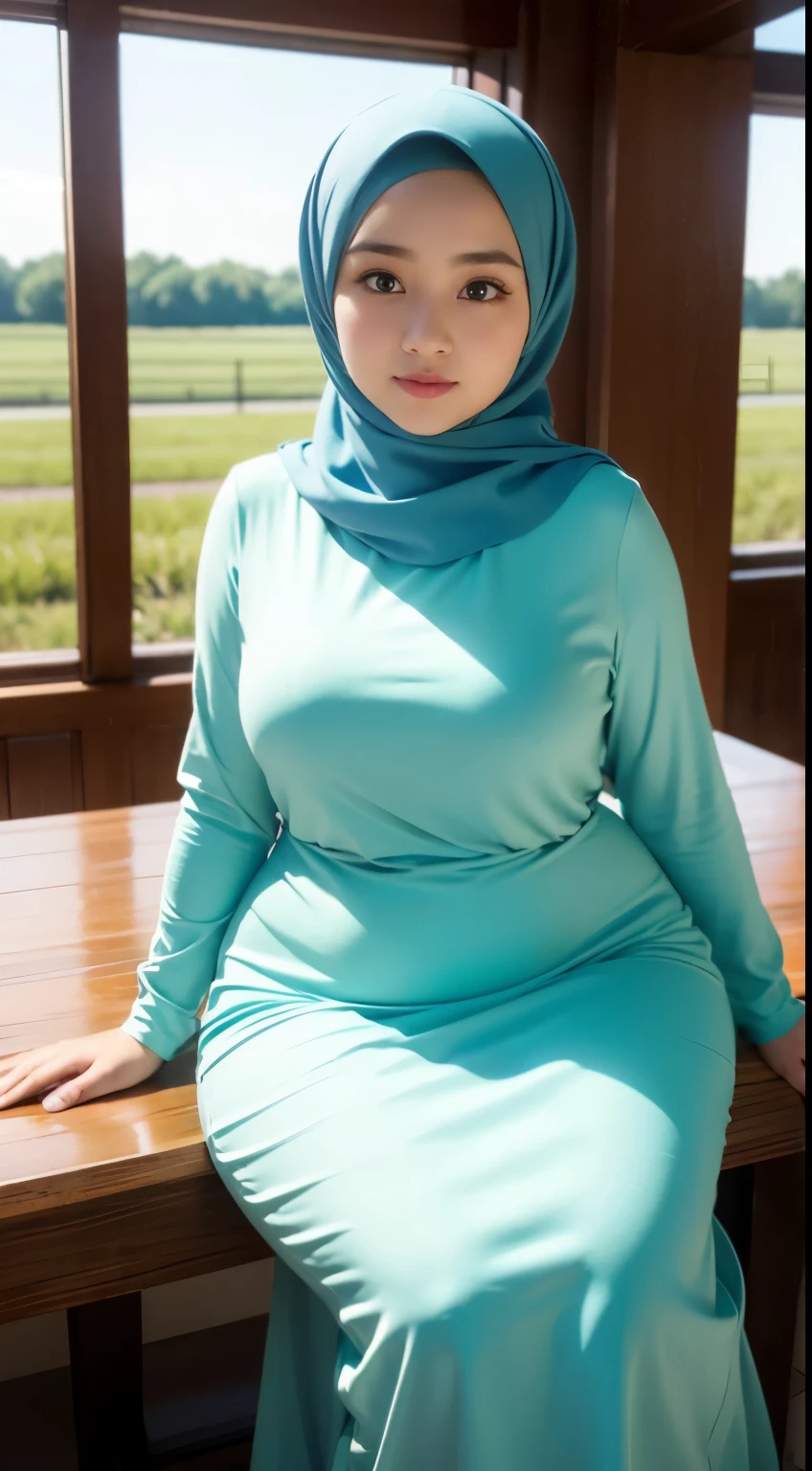 ( Close Up),RAW, Best quality, high resolution, works: 1.3), Beautiful Malay woman in hijab, Masterpiece, fit body, big breasts, beautiful big eyes, Soft smile, beautiful face, woman sitting at a table in a green meadow, traditional beauty, moment sunset, in the field, in the countryside, beautiful woman, with the sunset, wearing a soft long dress,muslim, on a wooden table, hijab, beautiful woman, with a beautiful appearance, a very beautiful masterpiece, a masterpiece of art, good lighting, Bright colors, Clean lines, chubby body, wide chubby hips, chubby arm, chubby massive thighs 