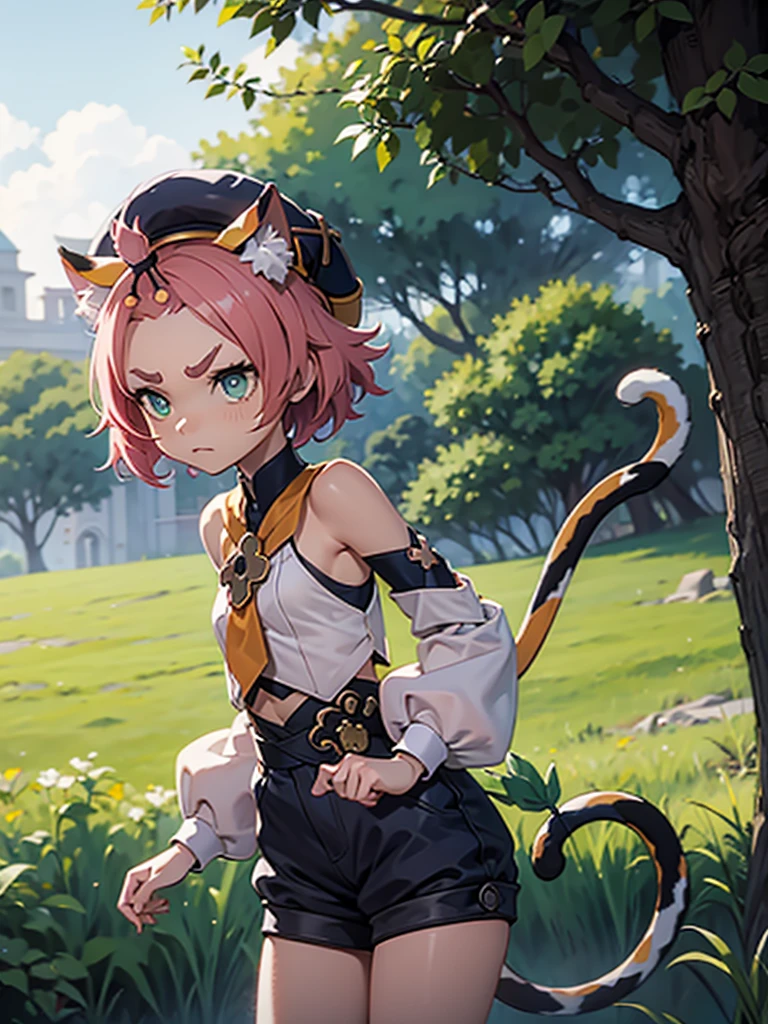 , , flat chest, bottomless, short, hat, young, chibi, thin legs, cat ears, detached sleeves, outside, tail, bright sunlight, good eyes, tsundere, grumpy, perfect body ratio, grass