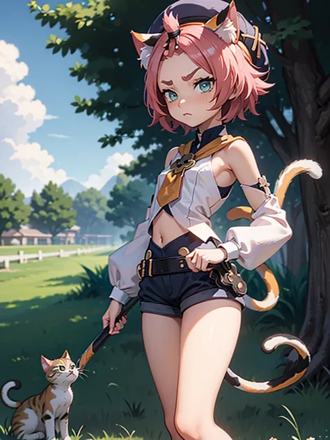 , , flat chest, bottomless, short, hat, young, chibi, thin legs, cat ears, detached sleeves, outside, tail, bright sunlight, goo...