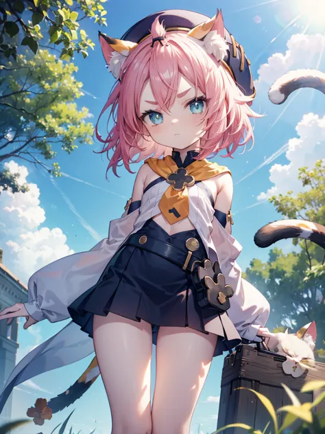 , , flat chest, bottomless, short, hat, young, chibi, thin legs, cat ears, detached sleeves, outside, tail, bright sunlight, goo...