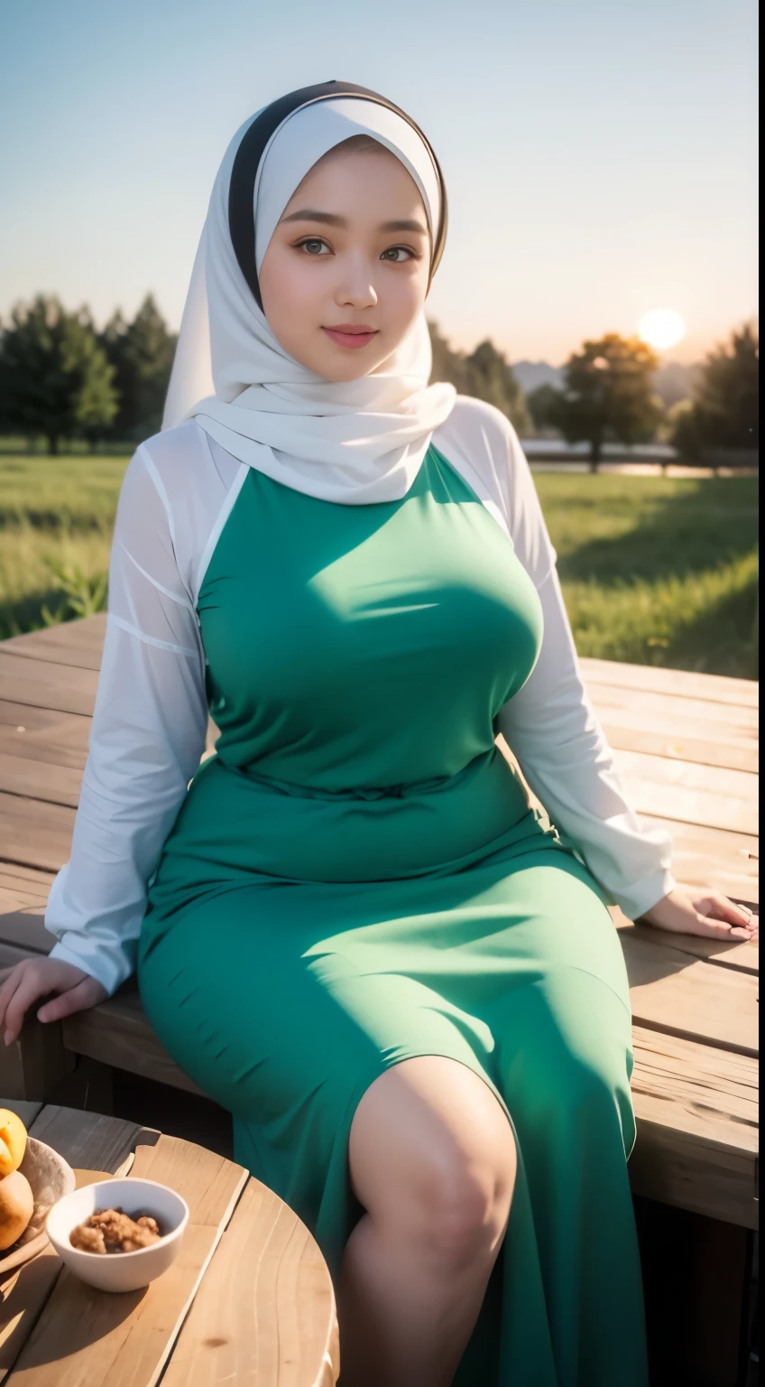 ( Close Up),RAW, Best quality, high resolution, works: 1.3), Beautiful Malay woman in hijab, Masterpiece, fit body, big breasts, beautiful big eyes, Soft smile, beautiful face, woman sitting at a table in a green meadow, traditional beauty, moment sunset, in the field, in the countryside, beautiful woman, with the sunset, wearing a soft long dress,muslim, on a wooden table, hijab, beautiful woman, with a beautiful appearance, a very beautiful masterpiece, a masterpiece of art, good lighting, Bright colors, Clean lines, chubby body, wide chubby hips, chubby arm, chubby massive thighs 