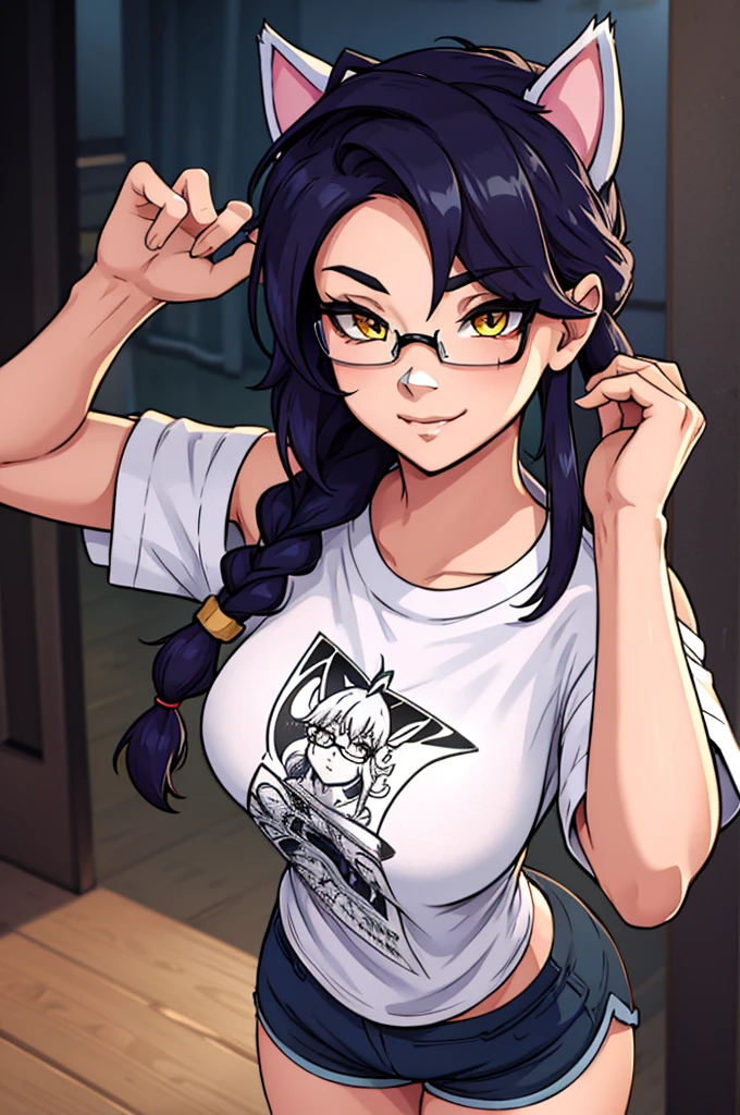 Erisa, 1girl, solo, long hair, looking at viewer, black hair, bandaid on face, yellow eyes, animal ears, smile, bandaid on nose, braid, cat ears, bandaid, bangs, breasts, fake animal ears, simple background, fang, bare shoulders, scar, teeth, shirt, tight shirt, bare shoulders, black shirt, short sleeves, closed mouth, t-shirt, hair over one eye, night city view, portrait, hair over shoulder, shorts, skin tight shirt, tight shorts, butt, wet shirt, legs, glasses, seductive, realistic, best quality, masterpiece, ultra detail, ultra high res, extreme detail, 8k