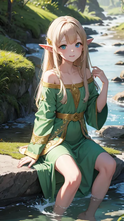  (masterpiece), best quality, expressive eyes, perfect face,
A girl, elf ears, green robes, gold trim, gold embroidery, a stream...