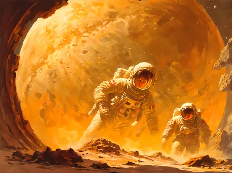 oil painting soviet si-fi spacepunk Soviet cosmonauts and archaeologists are studying the dust-covered ruins of an unknown civil...
