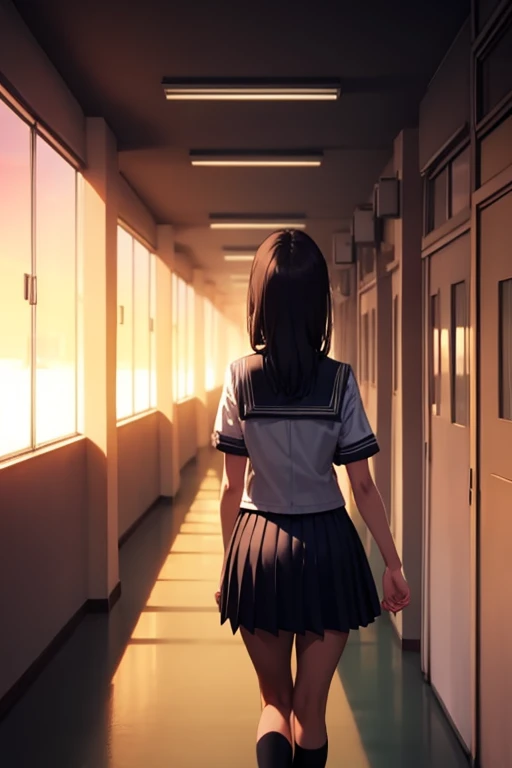 1 girl, school hallway, school uniform, from behind, walking away, sunset,, masterpiece, highest quality, very detailed