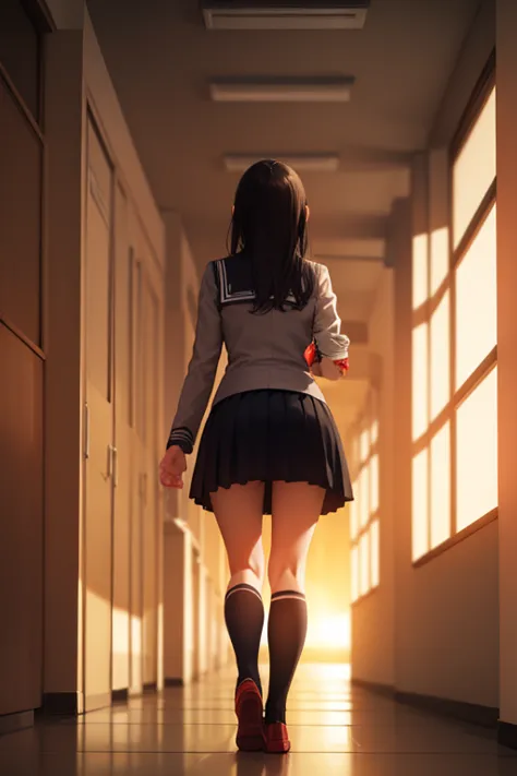 1 girl, school hallway, school uniform, from behind, walking away, sunset,, masterpiece, highest quality, very detailed