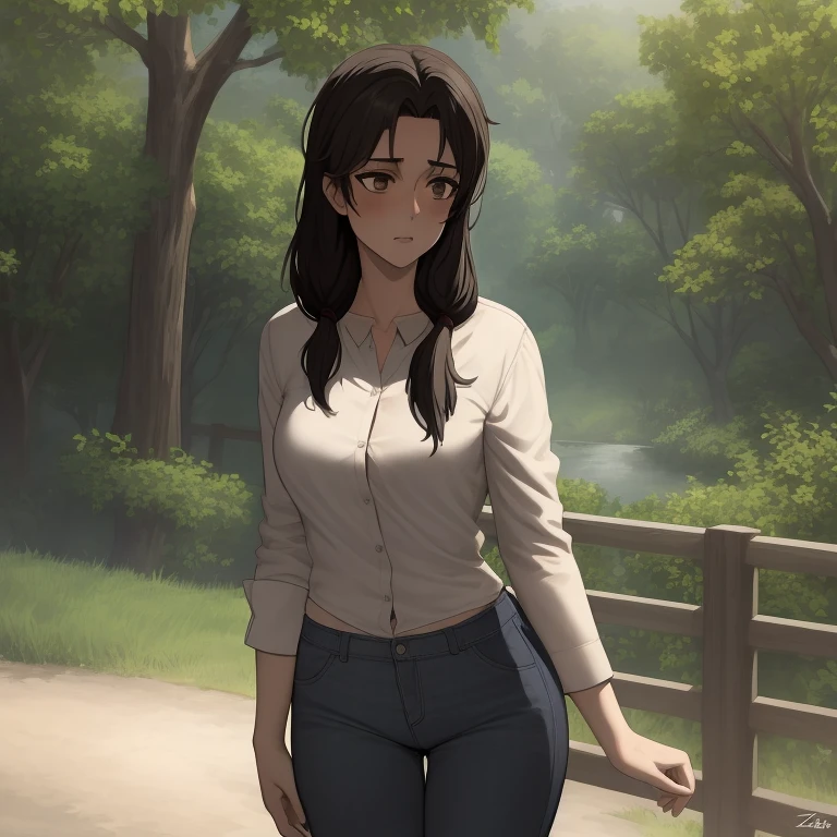 masterpiece, best quality, absurdres, perfect anatomy, 1girl, solo, Carla Yeager, long hair, hair over shoulder, casual, shirt, pants, nature scene