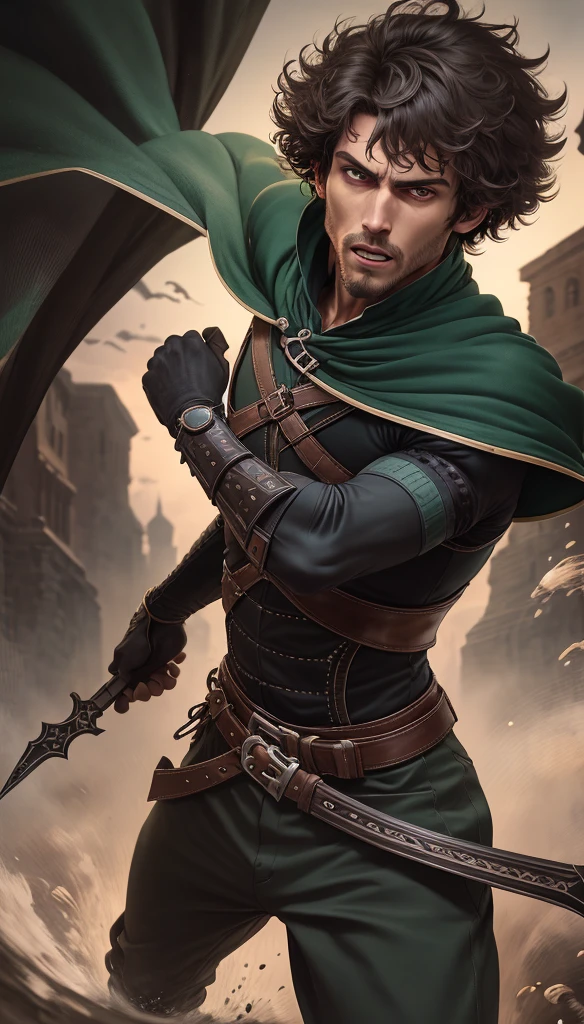 1guy, solo, short hair, pixie cut, curly hair, bright skin, (chocolate  hair), Brown eyes, medieval, adventurer, fantasy, anger, dark glowing dagger, Dark colors, trousers, White shirt, (quilted armor), closed clothing, dark green cloak, a hood on his head, Attacks, in move, nature