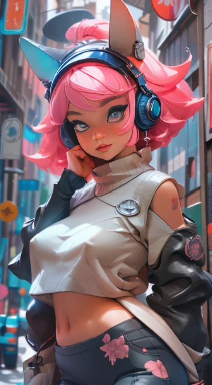 (melhor qualidade), (obra de arte), (realista) e foto ultra-detalhada de menina nerd bonito 1 em fones de ouvido neon futurista com orelhas de raposa de plástico sobre eles, ela tem um (Cabelo rosa fofo), está usando um couro (desabotoado) jaqueta de corrida rosa-preta em um corpo nu, shorts justos de couro,  e exala um ((bonito e estético)) VIBE, ((enormes seios eretos abertos)), (mamilos eretos) , Baú aberto, barriga aberta, corpo sexy , pupilas detalhadas e íris dos olhos, cílios longos, Sorriso envergonhado e lascivo,ctmp