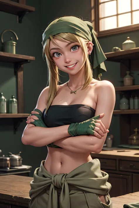 masterpiece, best quality, winry rockbell, earrings, green bandana, black tube top, strapless, midriff, clothes around waist, be...