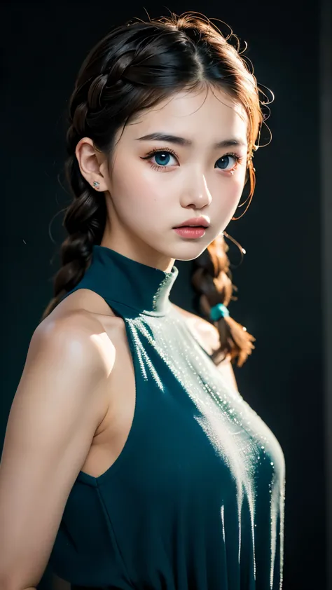 1 girl, white skin、Caucasoid、very cute face、small nose、plump lips、Braids bundled in one、french braid、An ennui look、night, dark, ((ash gray hair)),(Detailed gray eyes)、natural color tunic,National Costume, Upper body,Perfect good looks, ((blurred background...