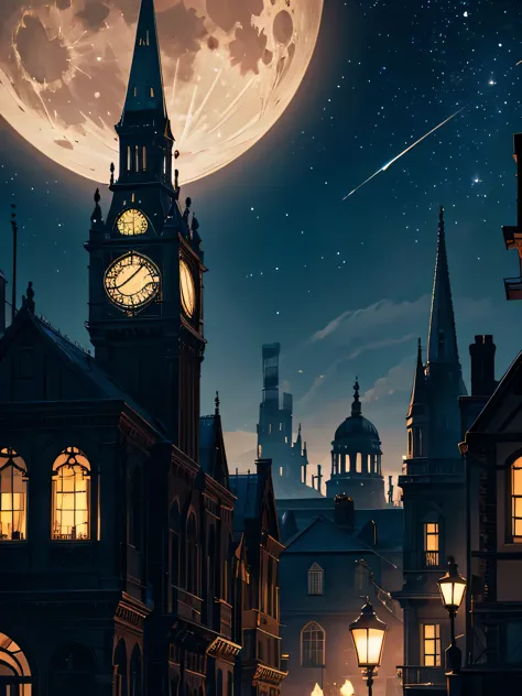 outside, Victorian London, a starry night, night sky, moon in sky, steampunk,