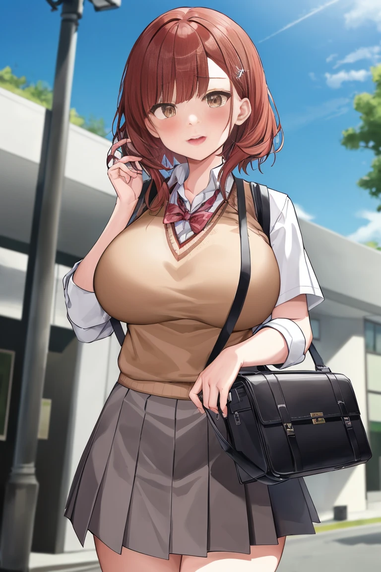 misaka_mikoto, 1girl, ((large breast)), solo, school_uniform, tokiwadai_school_uniform, sweater_vest, skirt, bag, blush, building, tree, school_bag, day, school_briefcase, city, sky, outdoors, cloud, holding, brown_sweater_vest.