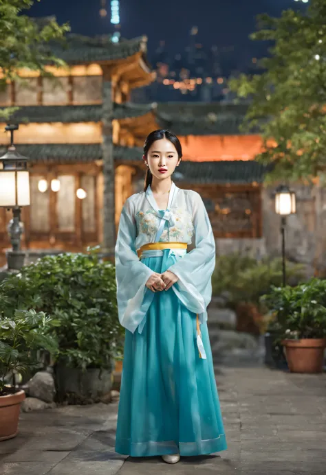 Picture a 20-something model walking gracefully through a stylish city restaurant or exotic cityscape.. Models must wear Hanbok ...
