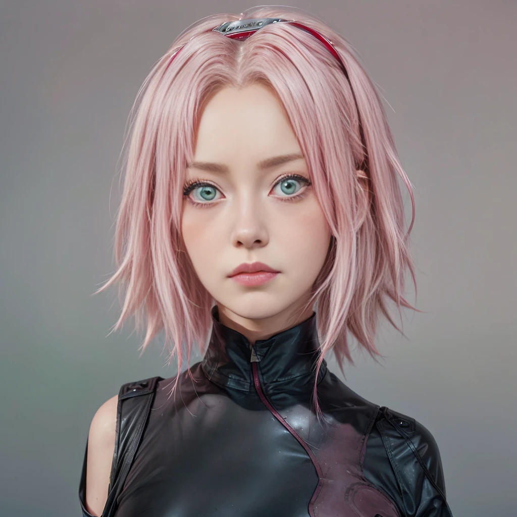 young woman, white skin, short bubblegum pink hair, wide forehead, pink eyebrows, big emerald green eyes, crying, upturned nose, full lips, heart-shaped face, black clothes, high detail, sharp focus, Sakura Haruno, realistic, realism, 3d