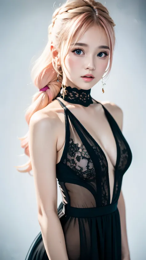one girl、１６talent、anatomy、pale pink eyes、Loosely braided low ponytail、light pink hair、small breasts、black dress open neck dress、sheer lace dress、See-through feeling、random pose、(((blurred background、watercolor style background)))、highest quality、High resol...