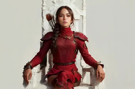 Woman dressed as a Hunger Games style warrior sitting on a throne with her legs crossed, her face must be serene and exuberant w...