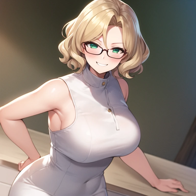 masterpiece, best quality, 1girl, solo, mature female, large breasts, plump, wavy hair, very short hair, blonde hair, green eyes, round glasses, white dress, white dress, tube dress, blush, smirk, looking at viewer