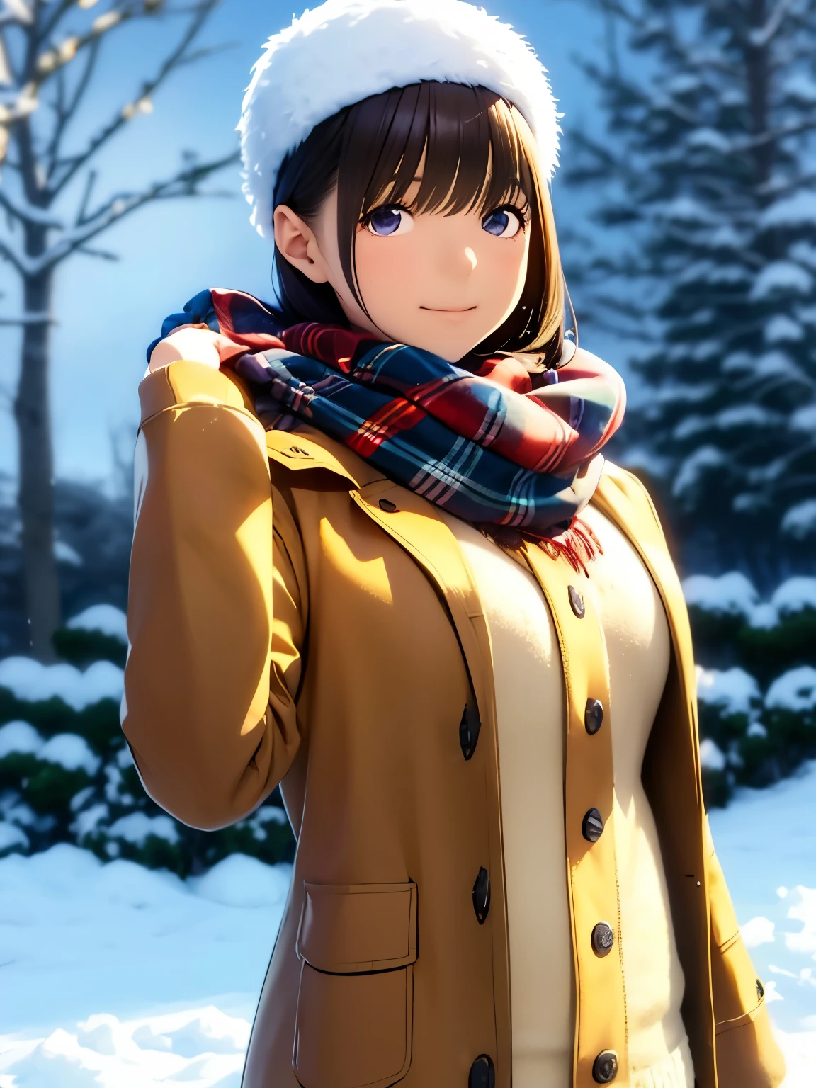 High resolution,8K,best quality,detailed,semi-realistic anime,Anime 3D Style,Smooth Anime CG,1peopleの女の子,20 year old Japanese woman,slim,model,shiny chestnut hair,medium hair,detailedに書かれた顔,綺麗でdetailedな瞳,glowing skin,(cook coat,Layering,winterの服,hat),beautiful earrings,((winter,cold morning in january,snowfall,It&#39;s snowing)),(street:0.8), (people, large crowd:1),hard focus particles,soft lighting,look at the audience,A sloppy smile