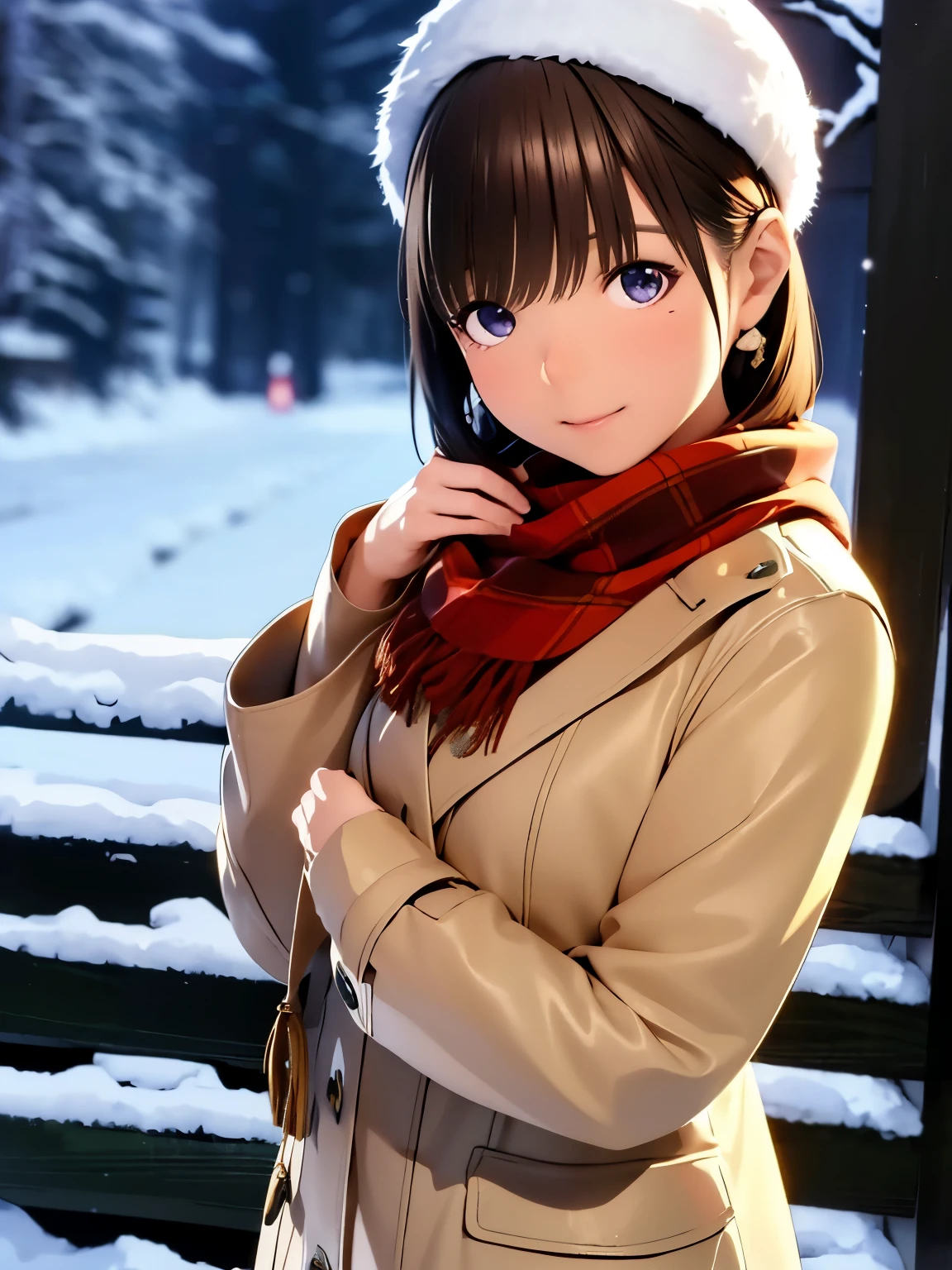 High resolution,8K,best quality,detailed,semi-realistic anime,Anime 3D Style,Smooth Anime CG,1peopleの女の子,20 year old Japanese woman,slim,model,shiny chestnut hair,medium hair,detailedに書かれた顔,綺麗でdetailedな瞳,glowing skin,(cook coat,Layering,winterの服,hat),beautiful earrings,((winter,cold morning in january,snowfall,It&#39;s snowing)),(street:0.8), (people, large crowd:1),hard focus particles,soft lighting,look at the audience,A sloppy smile