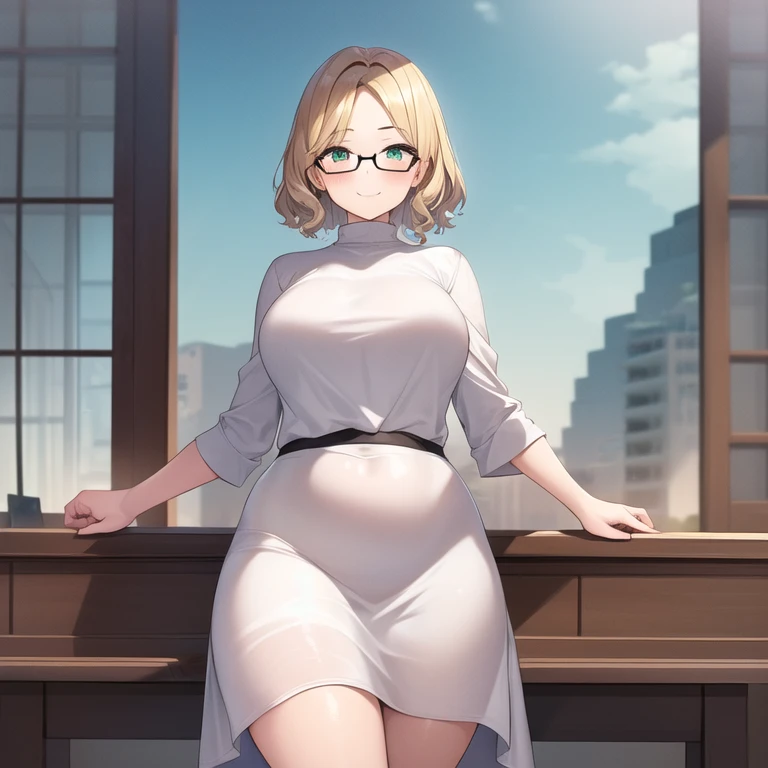 masterpiece, best quality, 1girl, solo, mature female, older, forehead, large breasts, plump, large belly, thick thighs, wavy hair, very short hair, blonde hair, green eyes, round glasses, white dress, white dress, tube dress, blush, smirk, looking at viewer