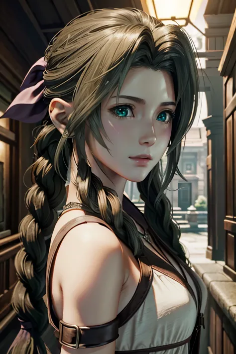 ((ultra detailed, masterpiece, best quality))
 FF7Aerith, 1girl, solo, single braid, green eyes, brown hair, 