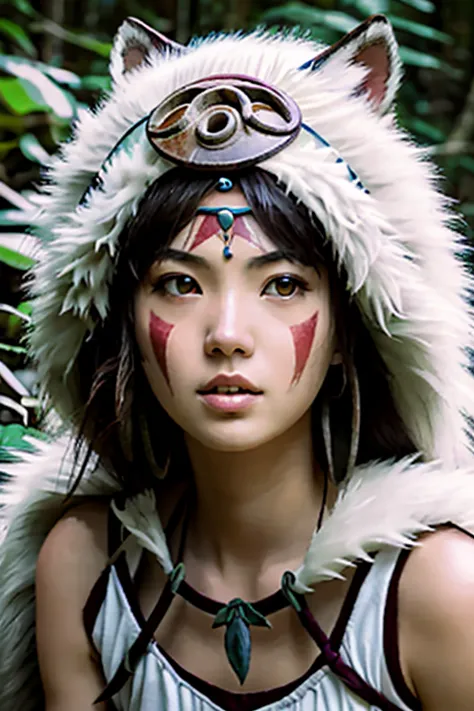 1 girl, alone, Portrait of a giant gray wolf and a beautiful princess Mononoke in the jungle, Severe,  detailed, realistic, phot...