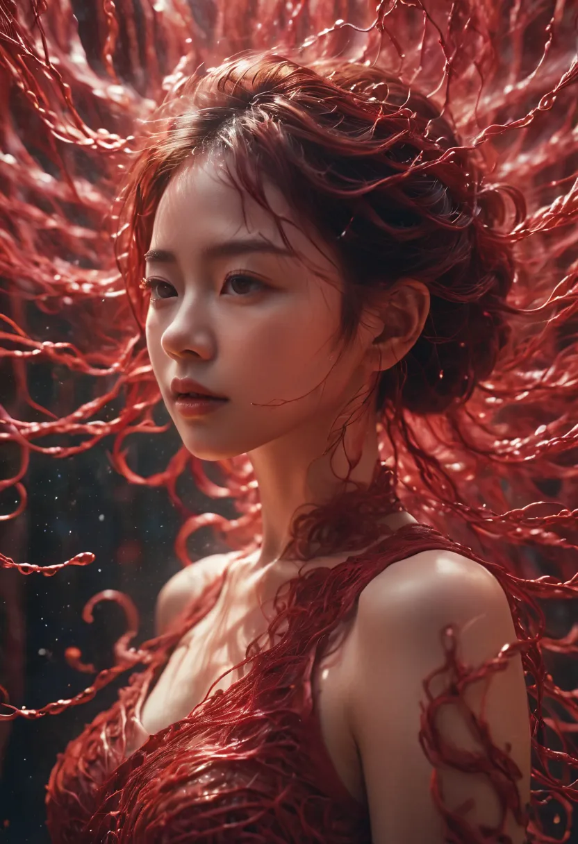 raw hyperrealistic candid photo of a girl who is covered clear depths clouded with swirling networks of crimson ais vessels, Ext...