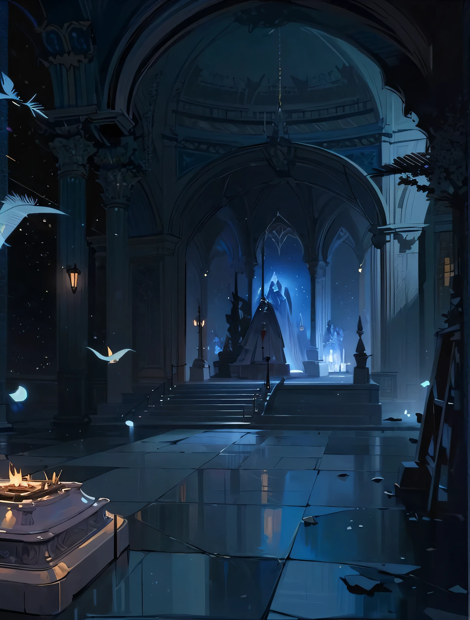 (masterpiece:1.2),best quality,PIXIV, ghotic interior, altars, blue lumeniere, column, throne, blue light, fretwork